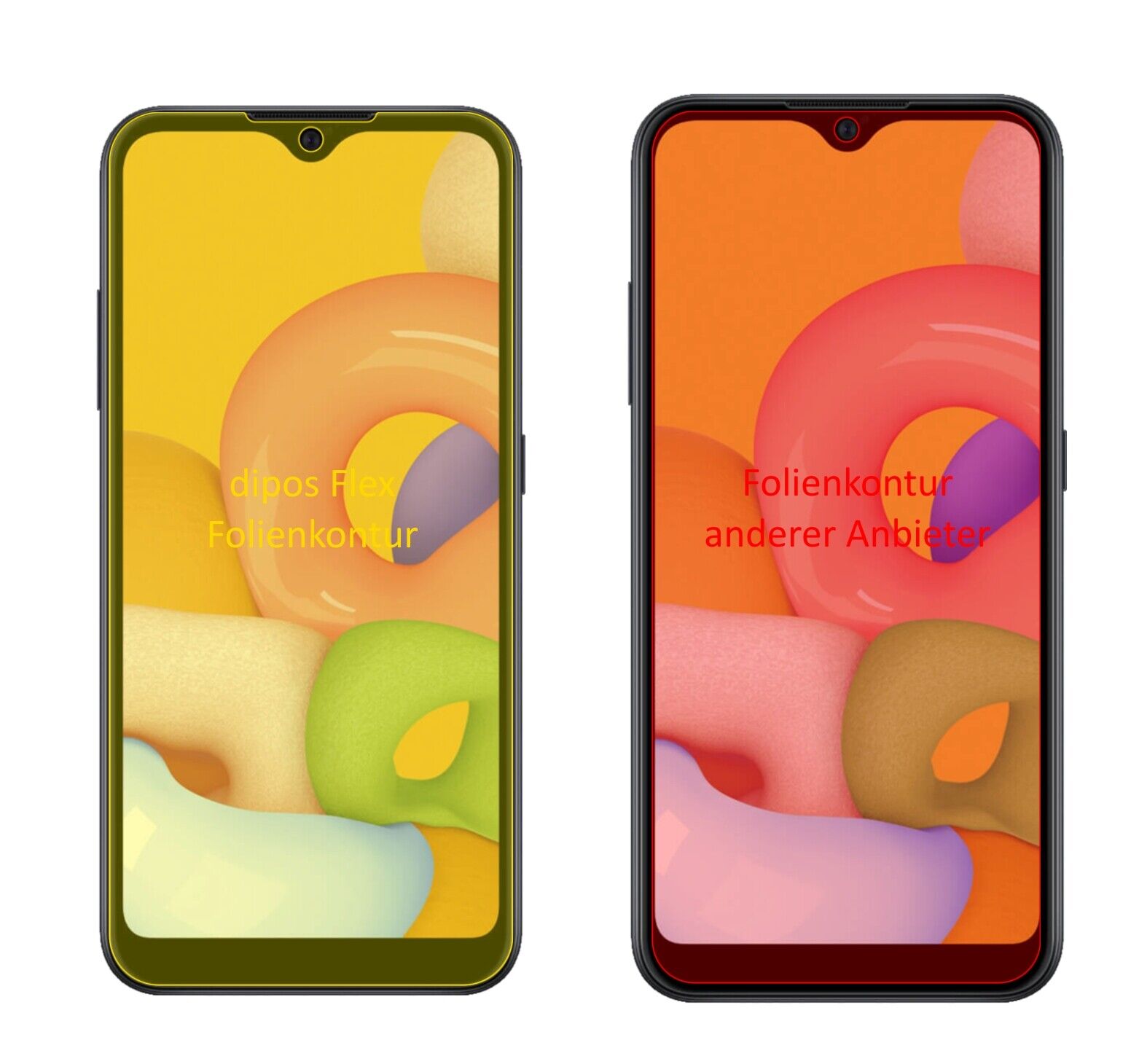 SamsungGalaxy A01 mit aufgebrachter dipos Displayschutzfolie, glasklare Darstellung ohne Einschränkungen