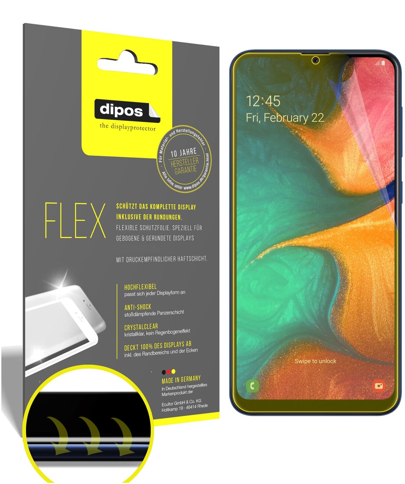 SamsungGalaxy A20e mit aufgebrachter dipos Displayschutzfolie, glasklare Darstellung ohne Einschränkungen