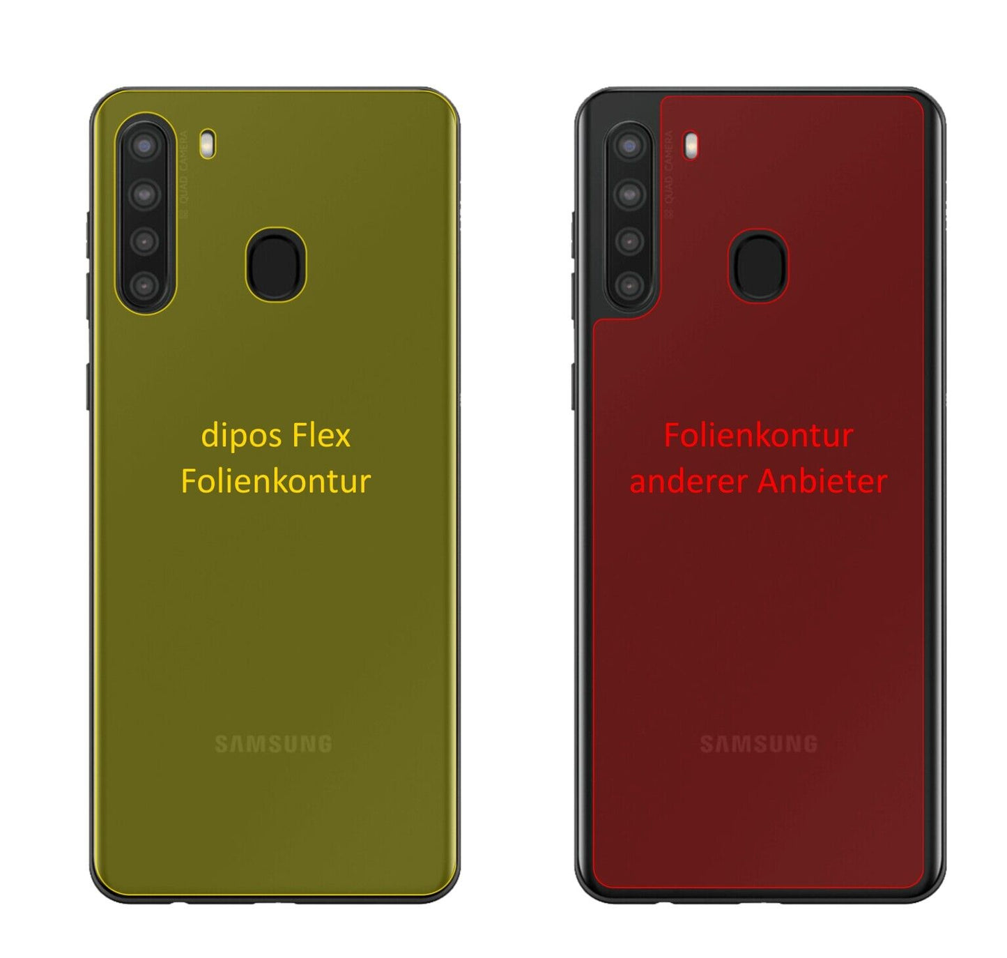 SamsungGalaxy A21 Rückseite mit aufgebrachter dipos Displayschutzfolie, glasklare Darstellung ohne Einschränkungen