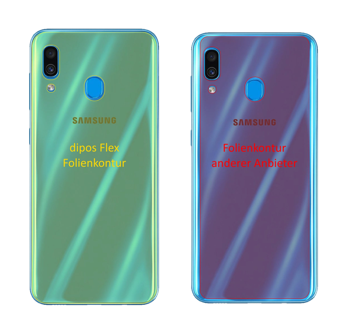 SamsungGalaxy A30s Rückseite mit aufgebrachter dipos Displayschutzfolie, glasklare Darstellung ohne Einschränkungen