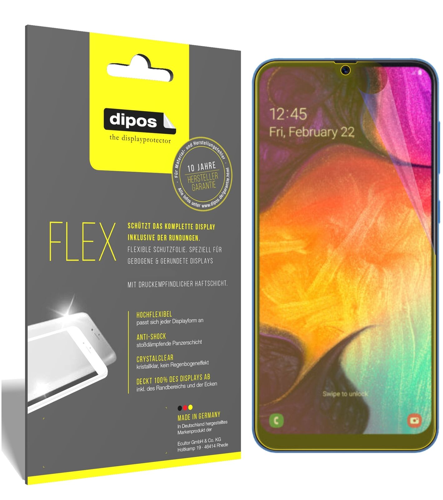 SamsungGalaxy A40 mit aufgebrachter dipos Displayschutzfolie, glasklare Darstellung ohne Einschränkungen