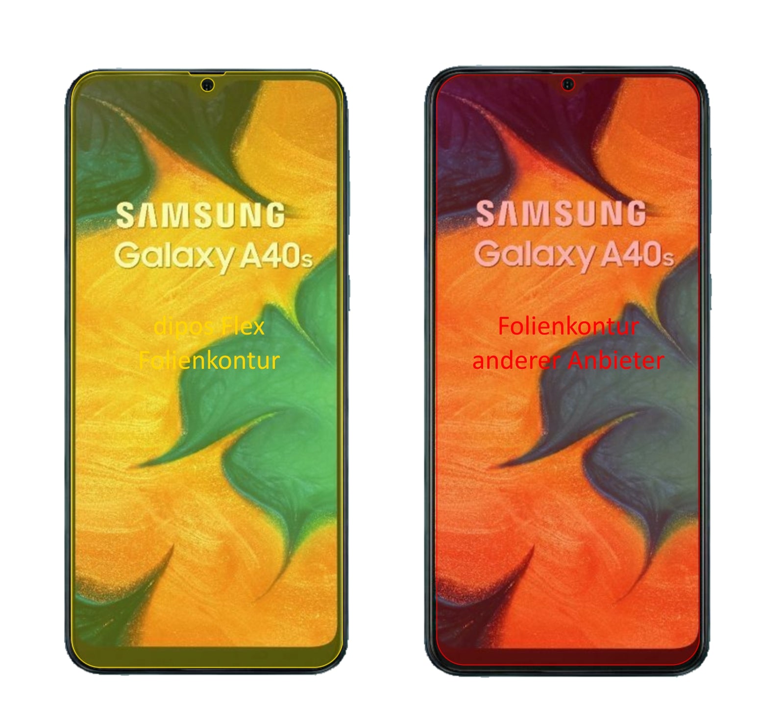 SamsungGalaxy A40s mit aufgebrachter dipos Displayschutzfolie, glasklare Darstellung ohne Einschränkungen