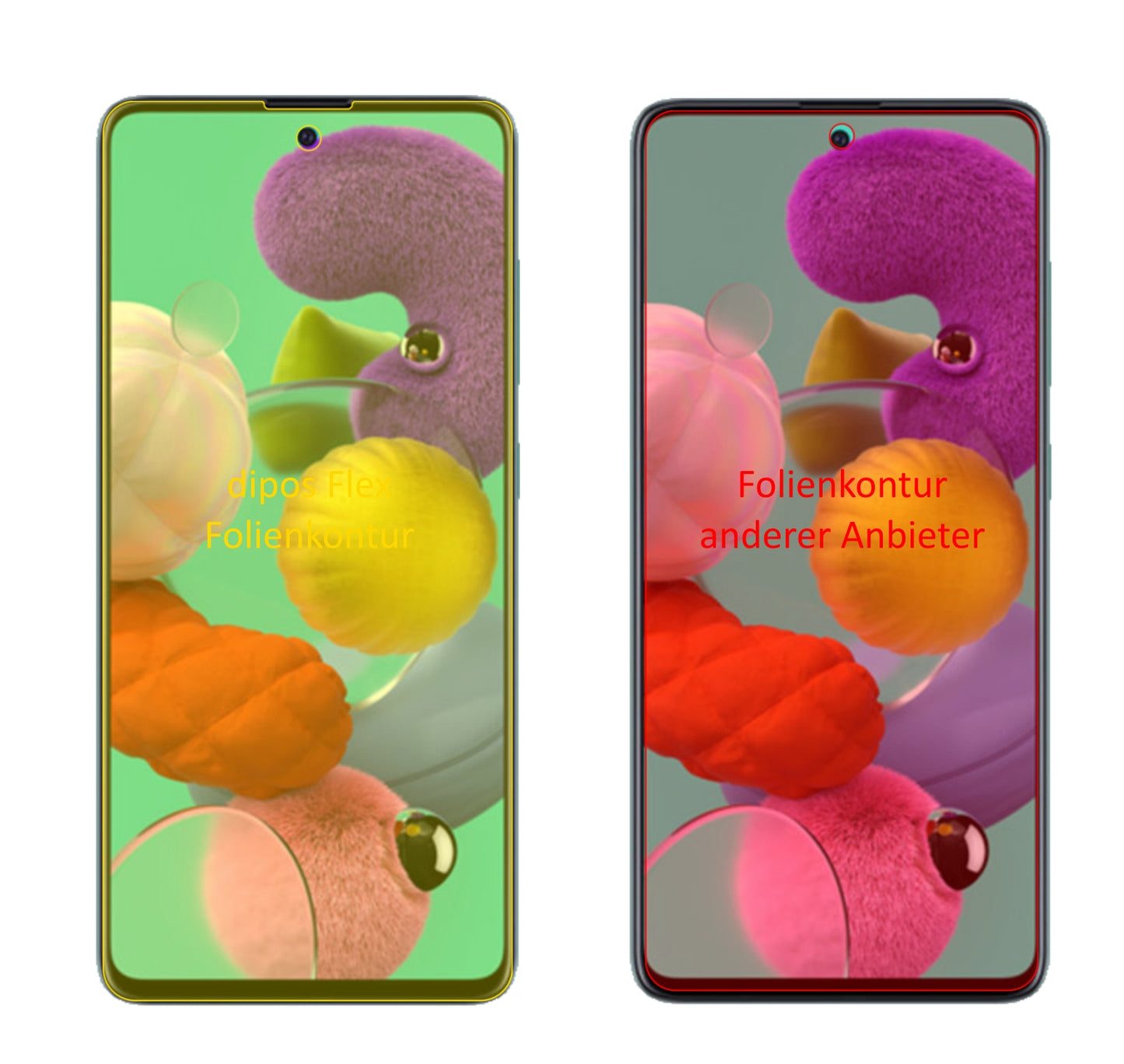 SamsungGalaxy A51 5G mit aufgebrachter dipos Displayschutzfolie, glasklare Darstellung ohne Einschränkungen