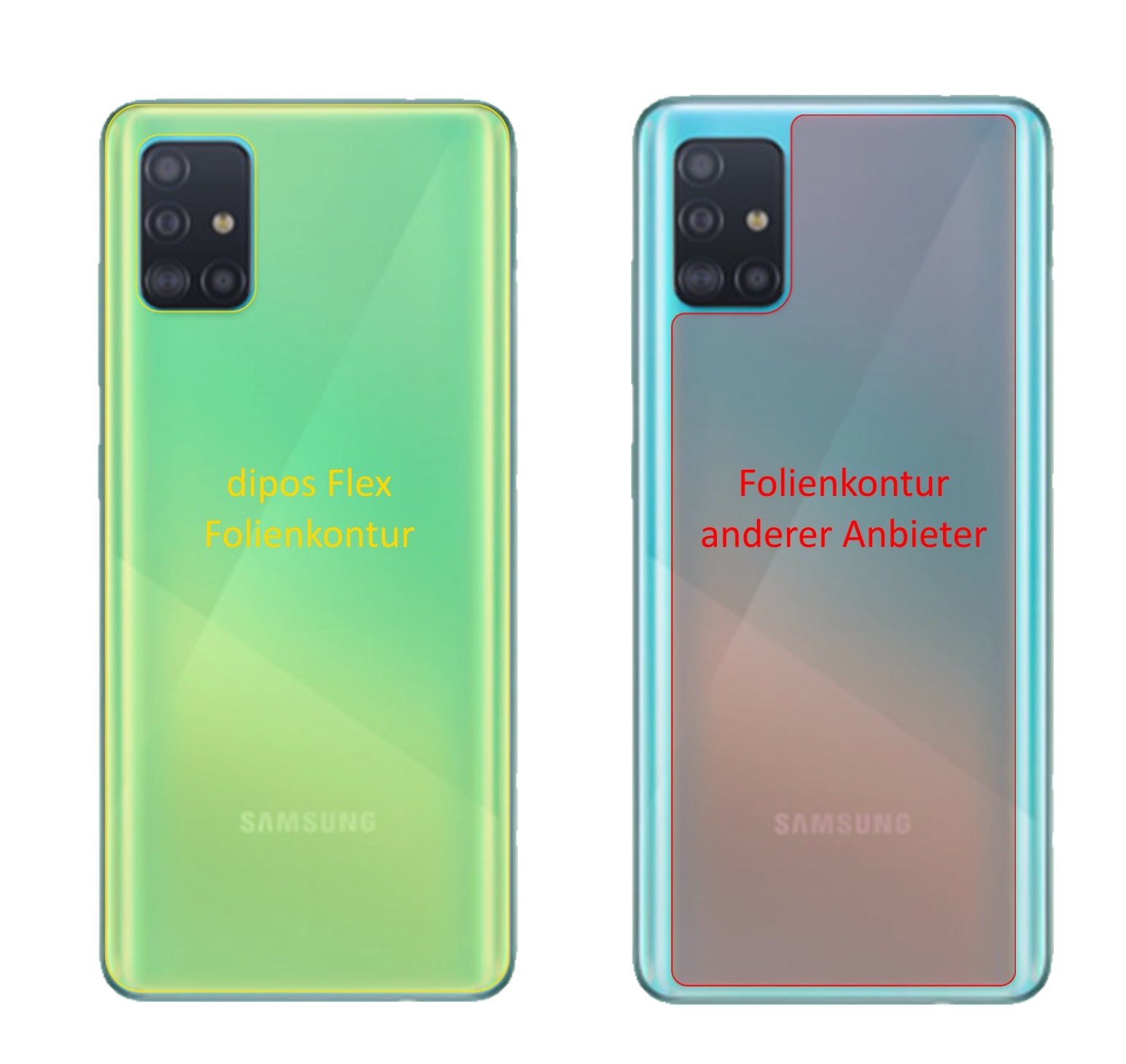 SamsungGalaxy A51 5G Rückseite mit aufgebrachter dipos Displayschutzfolie, glasklare Darstellung ohne Einschränkungen