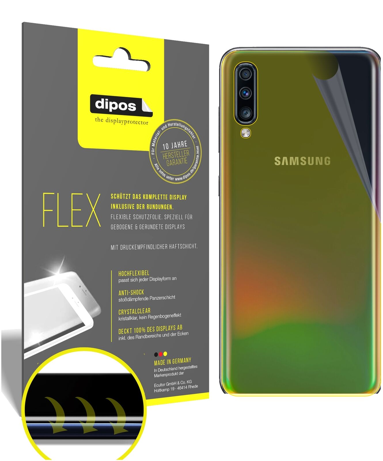 SamsungGalaxy A70 Rückseite mit aufgebrachter dipos Displayschutzfolie, glasklare Darstellung ohne Einschränkungen