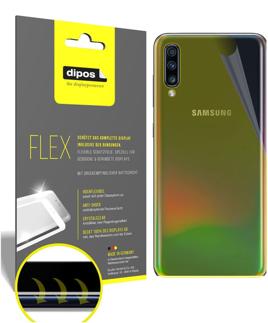 SamsungGalaxy A70 Rückseite mit aufgebrachter dipos Displayschutzfolie, glasklare Darstellung ohne Einschränkungen