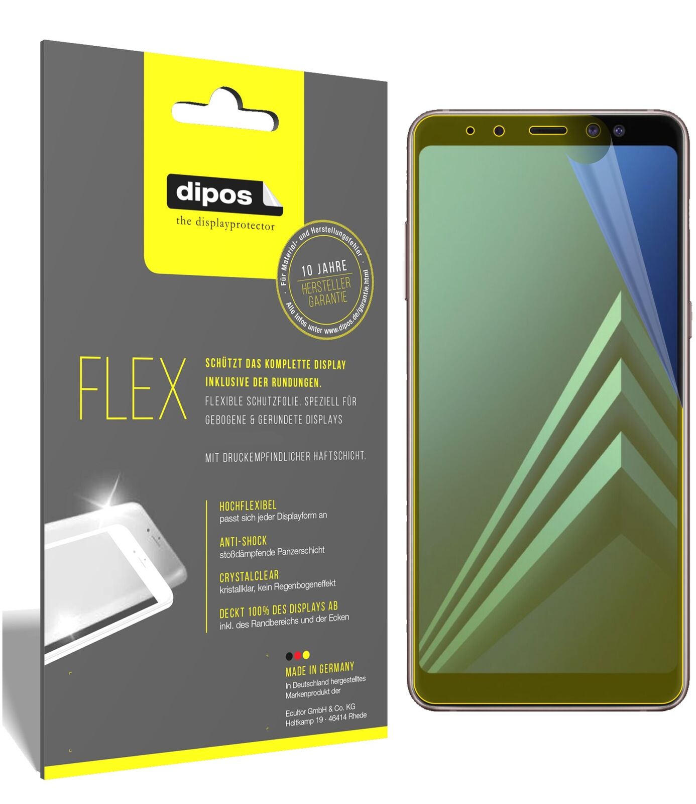SamsungGalaxy A8 (2018) mit aufgebrachter dipos Displayschutzfolie, glasklare Darstellung ohne Einschränkungen