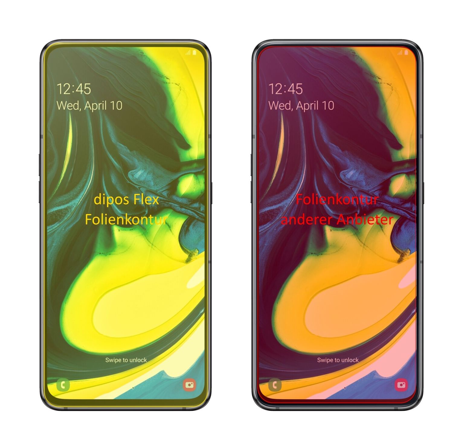 SamsungGalaxy A80 mit aufgebrachter dipos Displayschutzfolie, glasklare Darstellung ohne Einschränkungen
