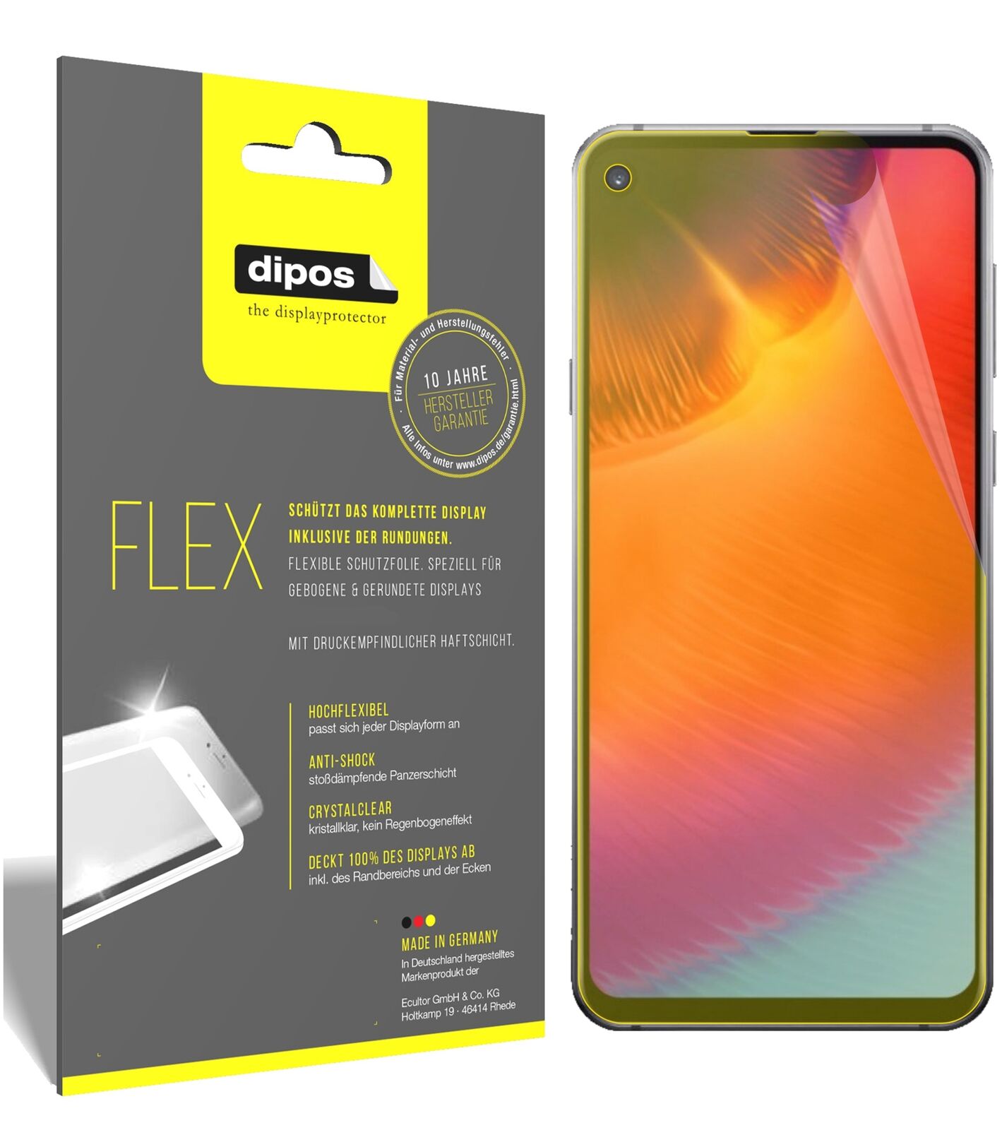 SamsungGalaxy A9 Pro (2019) mit aufgebrachter dipos Displayschutzfolie, glasklare Darstellung ohne Einschränkungen