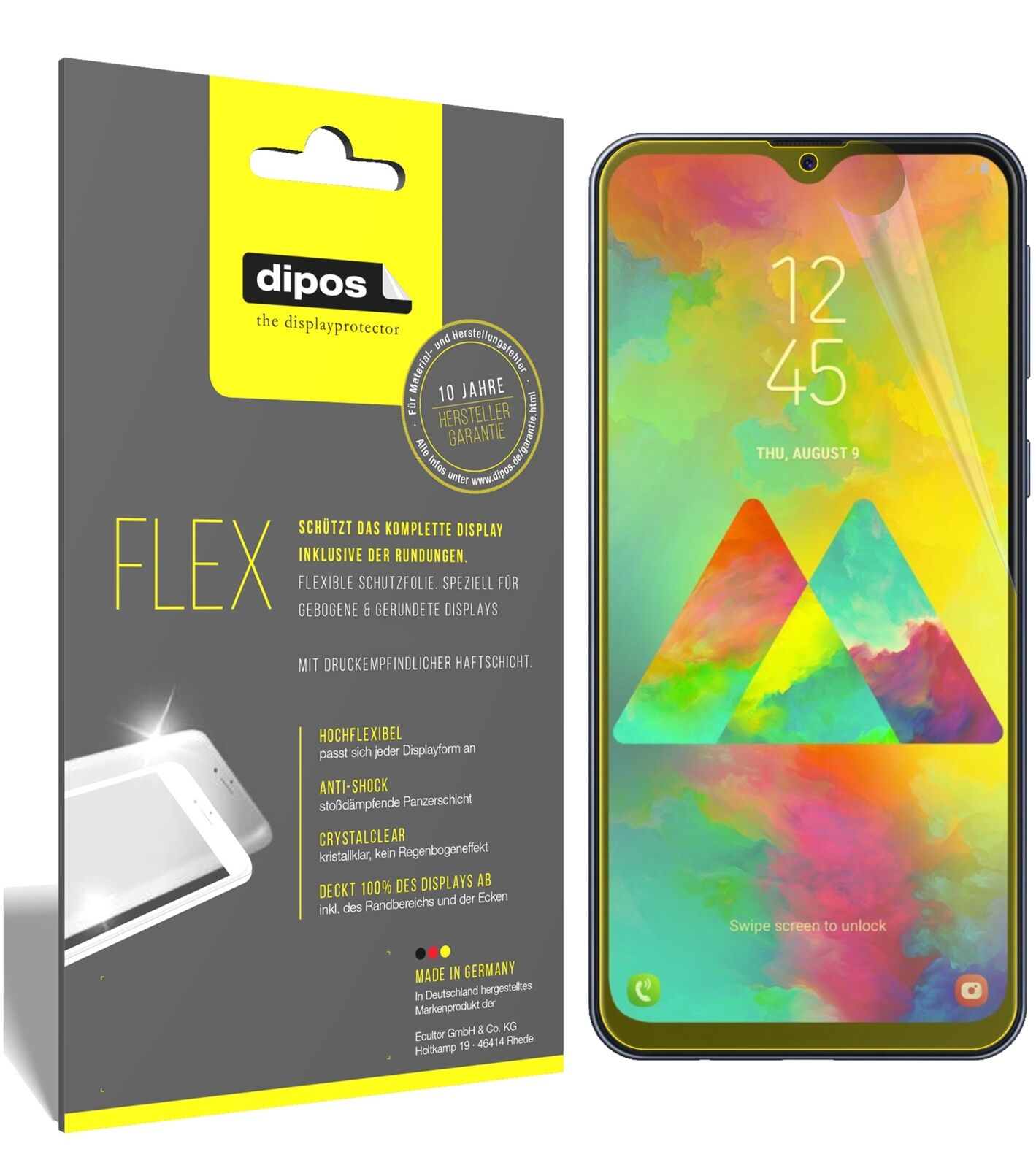SamsungGalaxy M20 mit aufgebrachter dipos Displayschutzfolie, glasklare Darstellung ohne Einschränkungen
