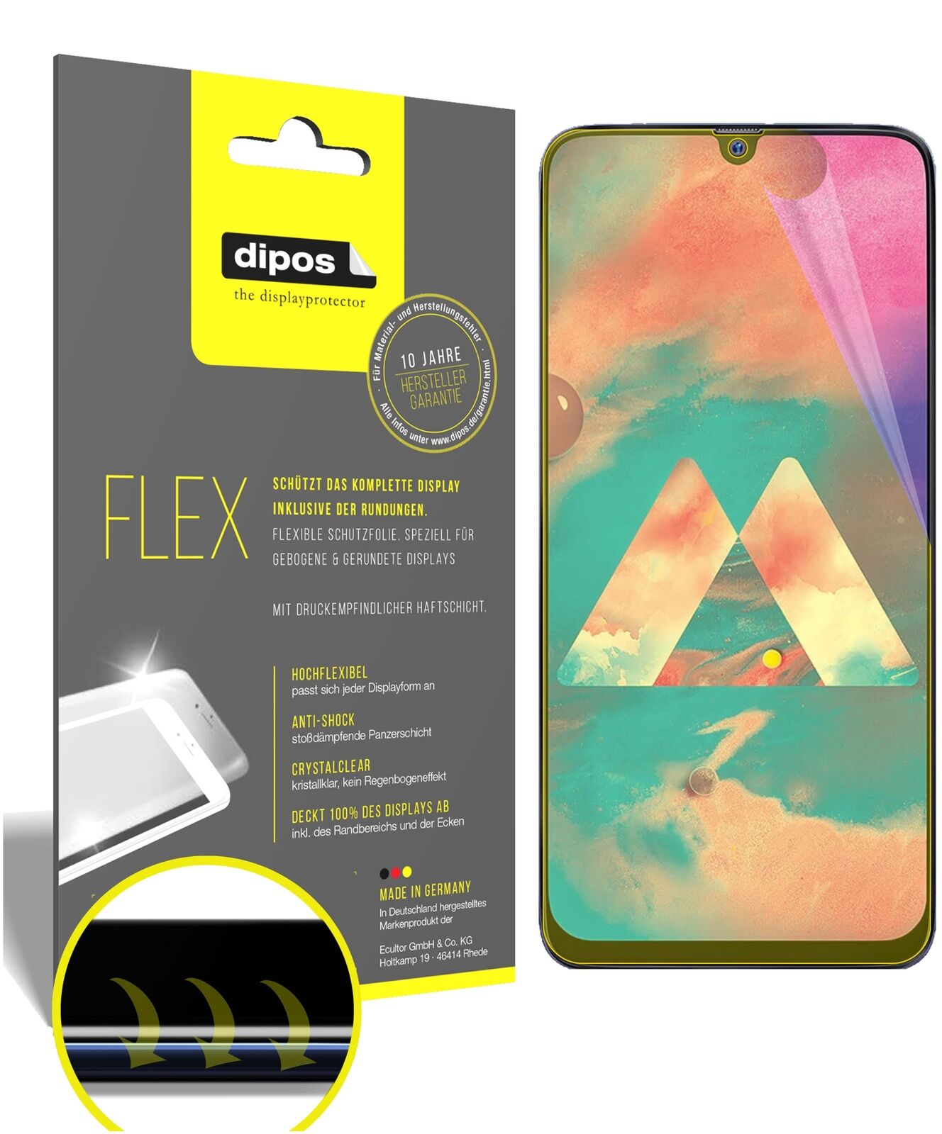 SamsungGalaxy M30 mit aufgebrachter dipos Displayschutzfolie, glasklare Darstellung ohne Einschränkungen