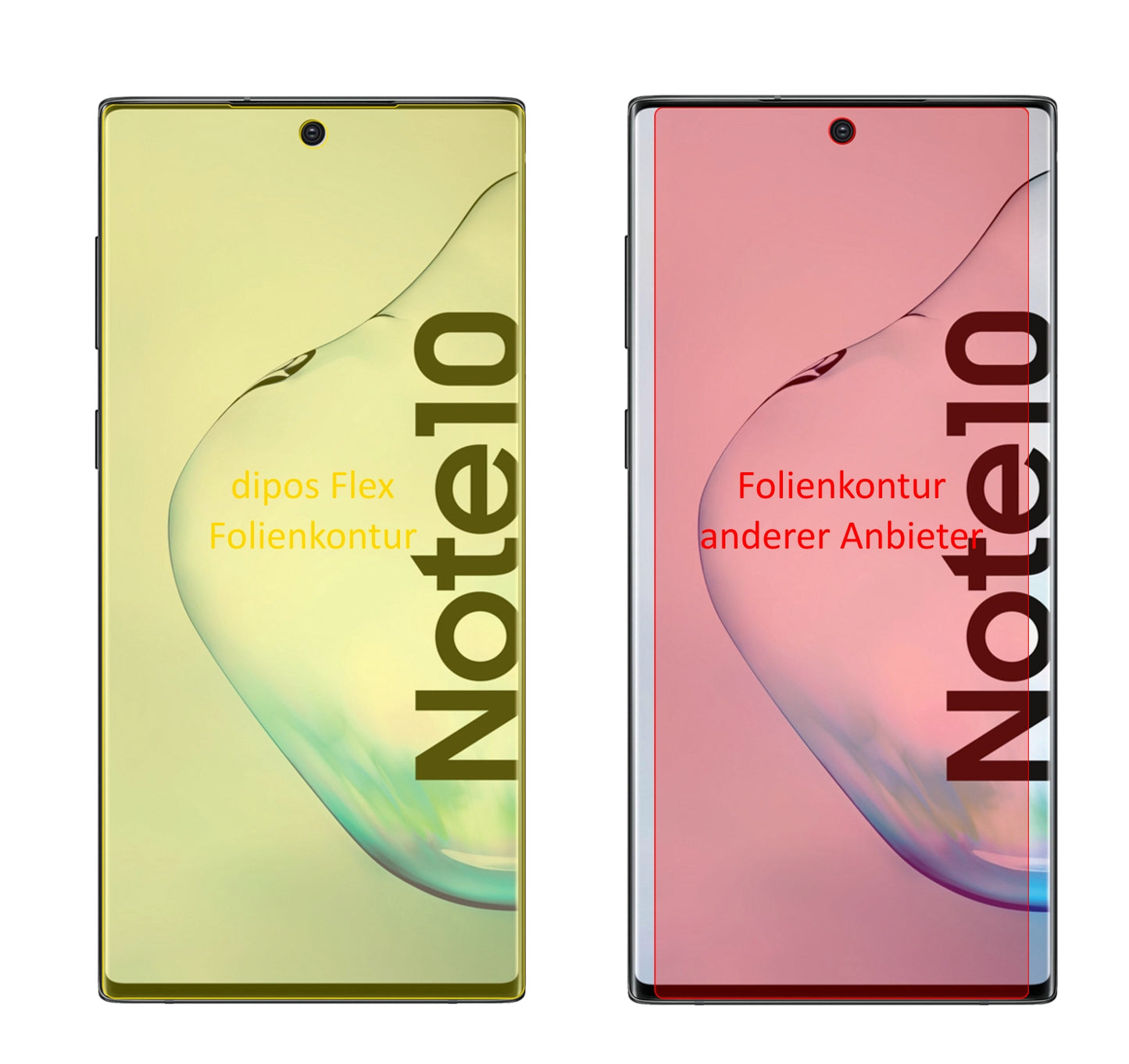 SamsungGalaxy Note 10 mit aufgebrachter dipos Displayschutzfolie, glasklare Darstellung ohne Einschränkungen