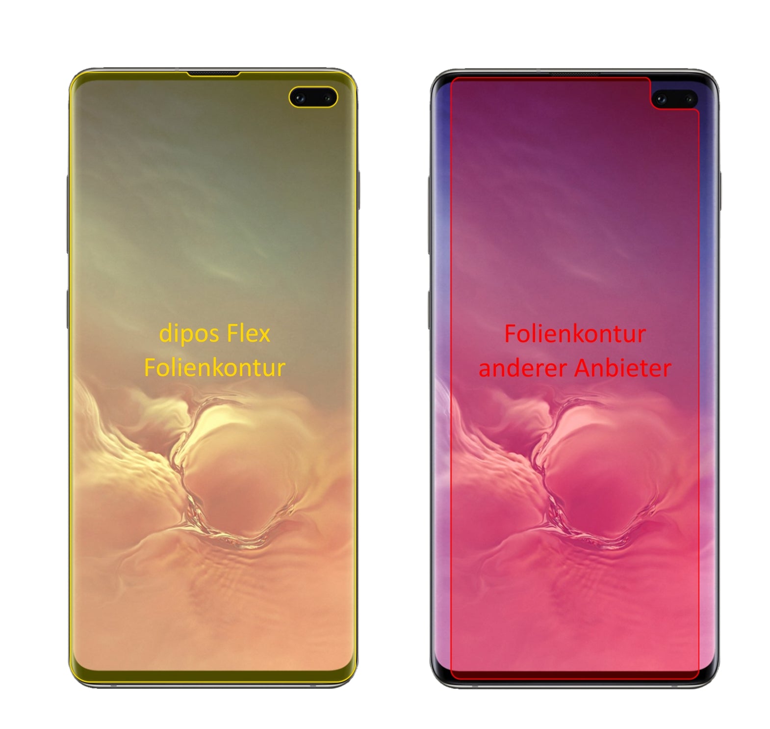 SamsungGalaxy S10 Plus mit aufgebrachter dipos Displayschutzfolie, glasklare Darstellung ohne Einschränkungen