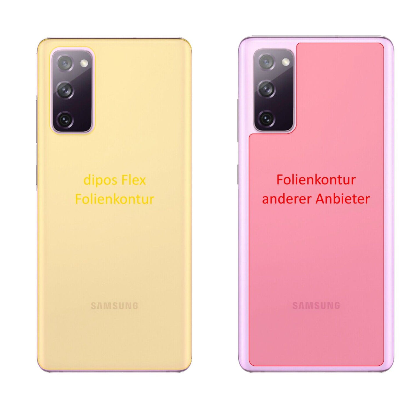 SamsungGalaxy S20 FE Rückseite mit aufgebrachter dipos Displayschutzfolie, glasklare Darstellung ohne Einschränkungen
