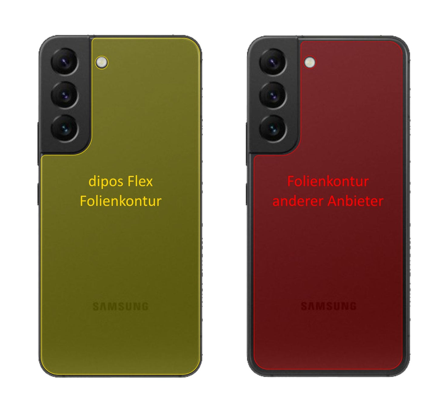 SamsungGalaxy S22 Rückseite mit aufgebrachter dipos Displayschutzfolie, glasklare Darstellung ohne Einschränkungen