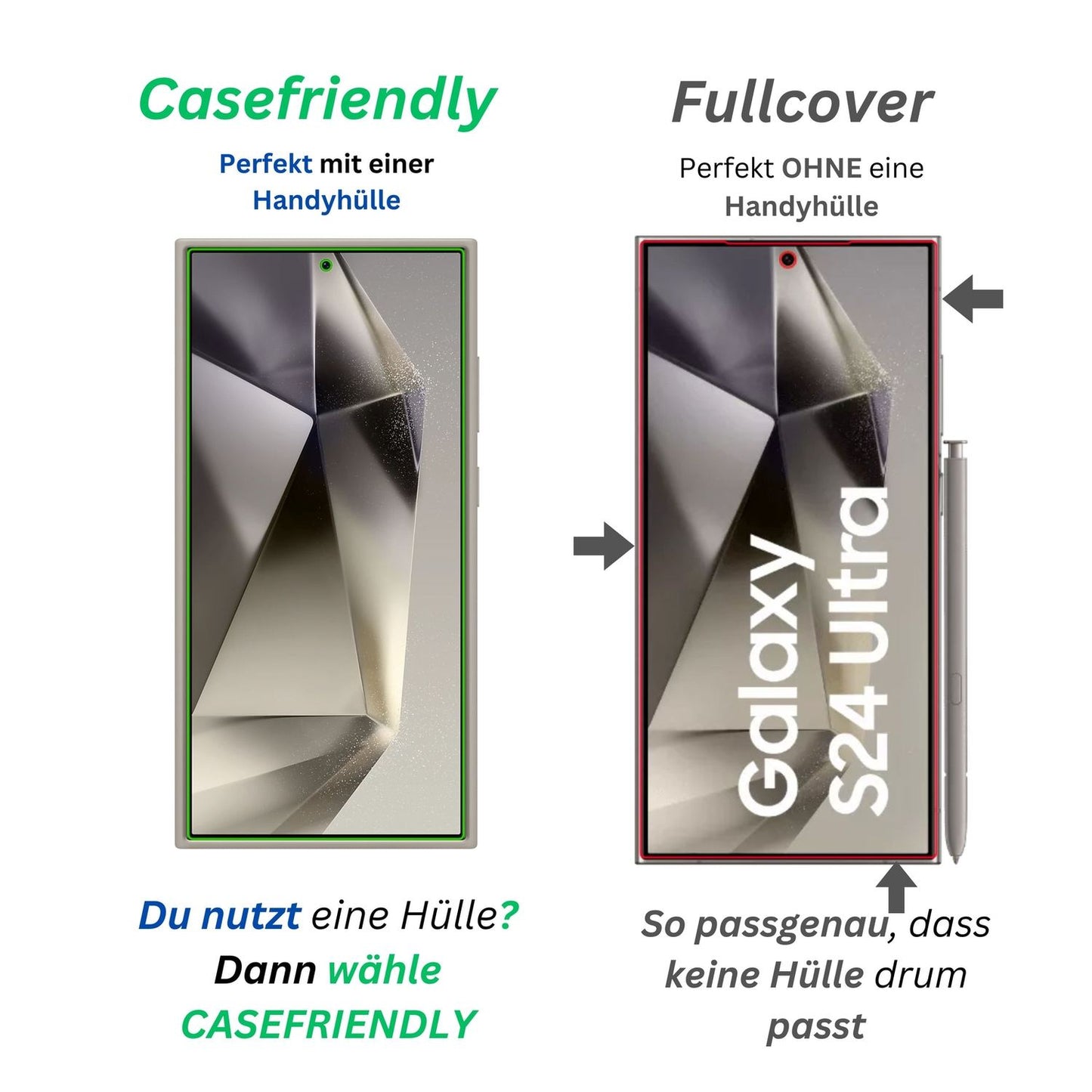 SamsungGalaxy S24 Ultra (Case Friendly) mit aufgebrachter dipos Displayschutzfolie, glasklare Darstellung ohne Einschränkungen