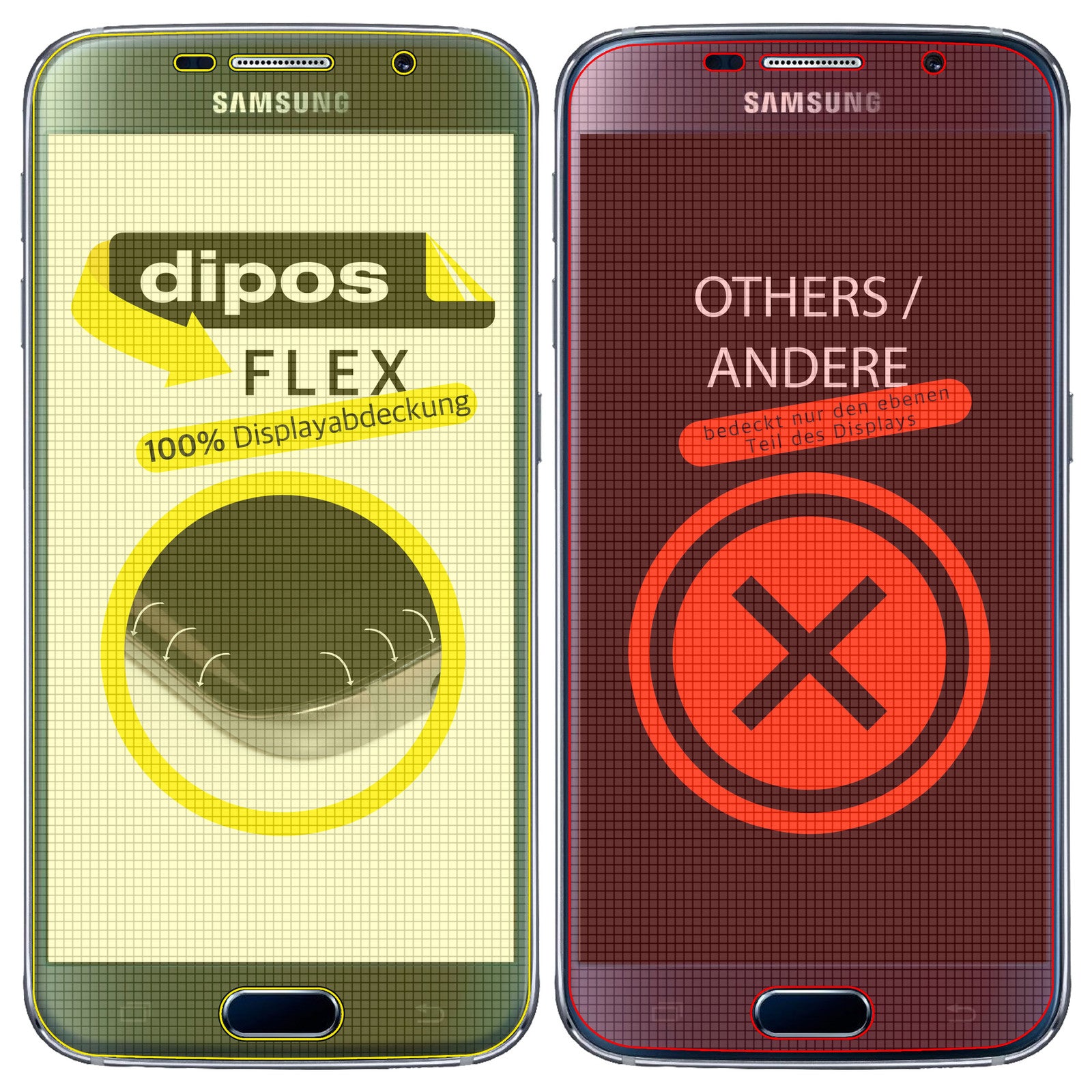 SamsungGalaxy S6 mit aufgebrachter dipos Displayschutzfolie, glasklare Darstellung ohne Einschränkungen
