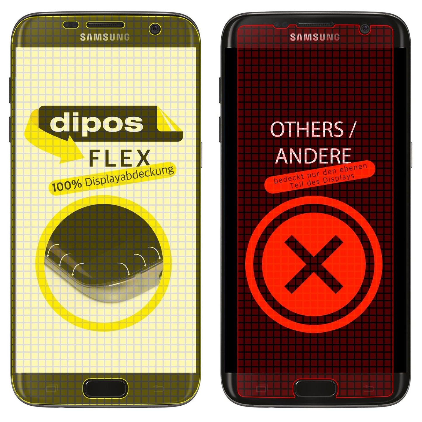 SamsungGalaxy S6 Edge PLUS mit aufgebrachter dipos Displayschutzfolie, glasklare Darstellung ohne Einschränkungen