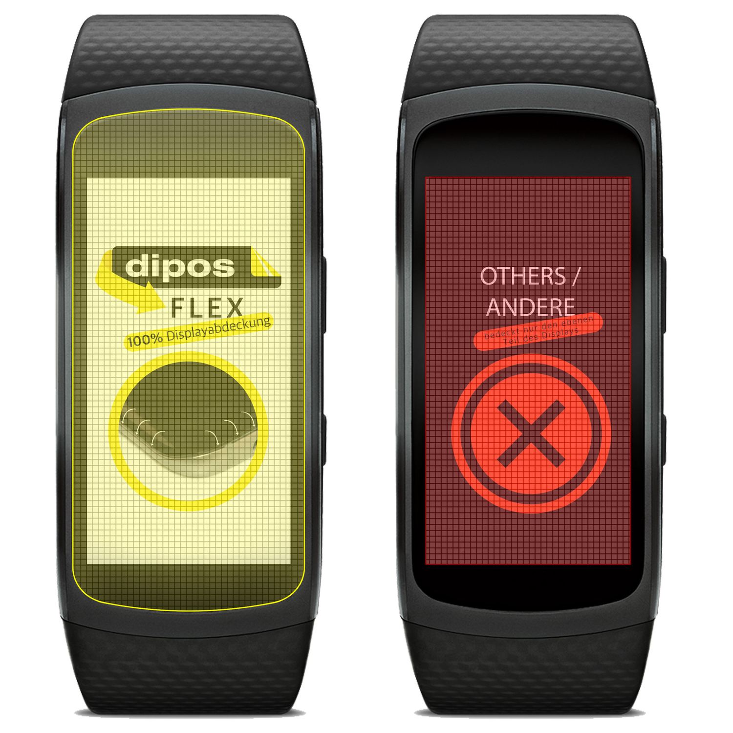 SamsungGear Fit 2 mit aufgebrachter dipos Displayschutzfolie, glasklare Darstellung ohne Einschränkungen