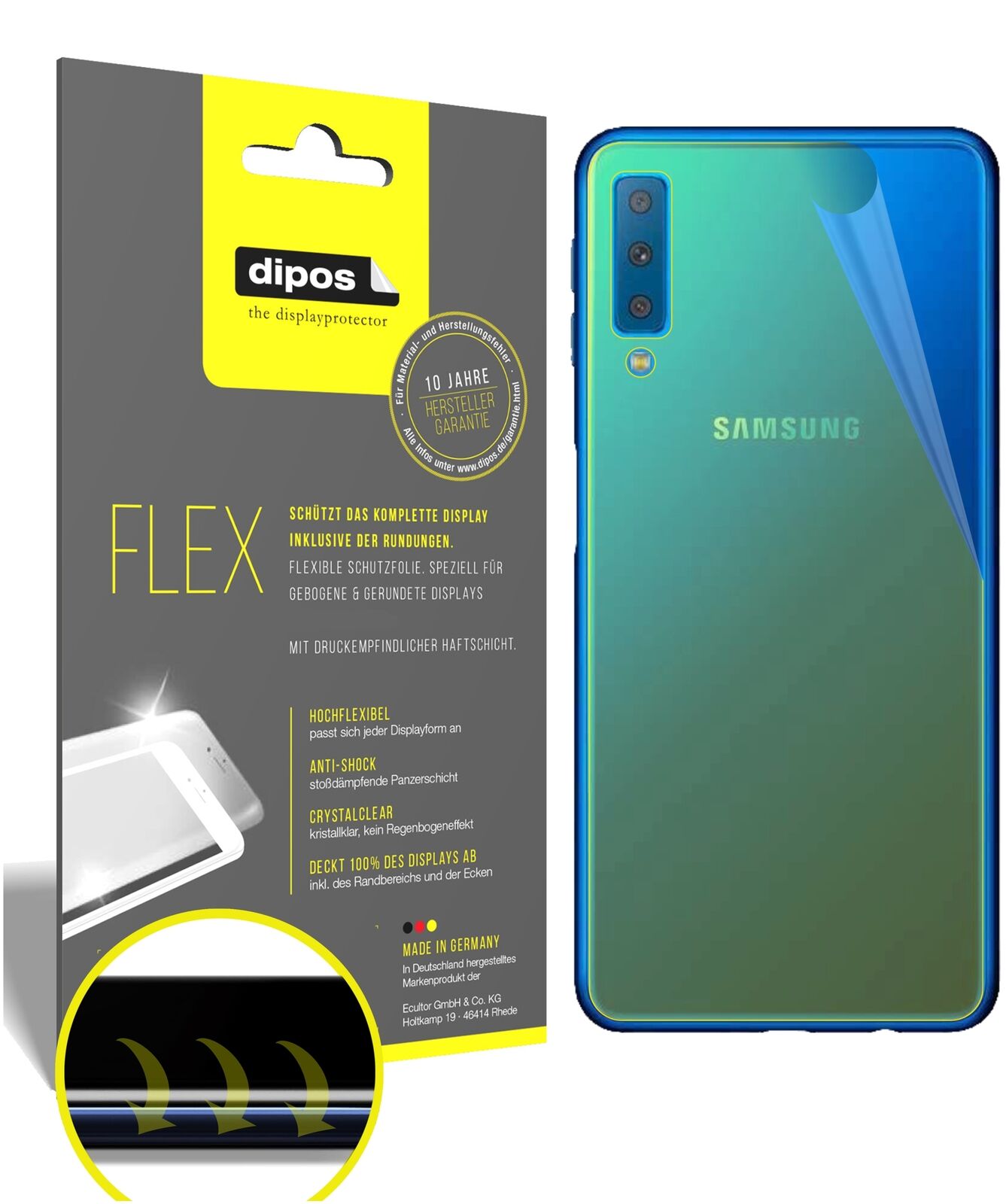 SamsungJ4 Core (2018) Rückseite mit aufgebrachter dipos Displayschutzfolie, glasklare Darstellung ohne Einschränkungen