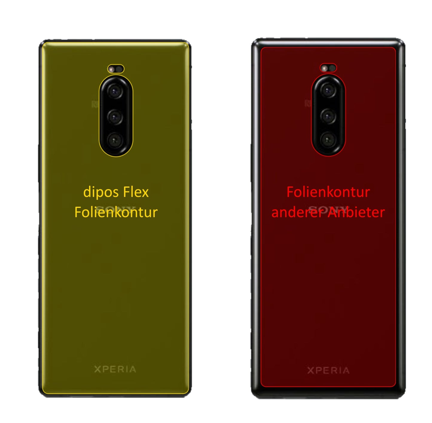 SonyXperia 1 Rückseite mit aufgebrachter dipos Displayschutzfolie, glasklare Darstellung ohne Einschränkungen