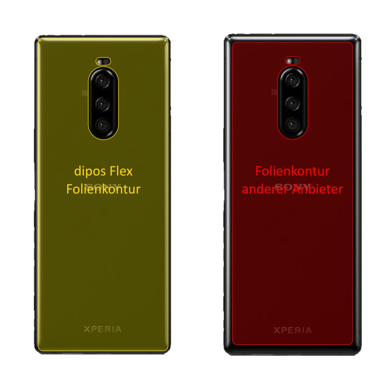 SonyXperia 1 Rückseite mit aufgebrachter dipos Displayschutzfolie, glasklare Darstellung ohne Einschränkungen