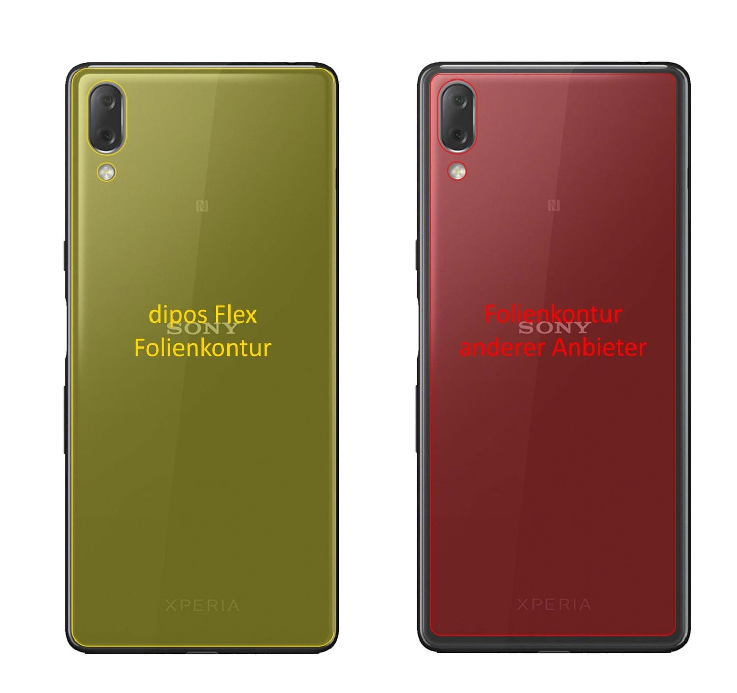 SonyXperia L3 Rückseite mit aufgebrachter dipos Displayschutzfolie, glasklare Darstellung ohne Einschränkungen