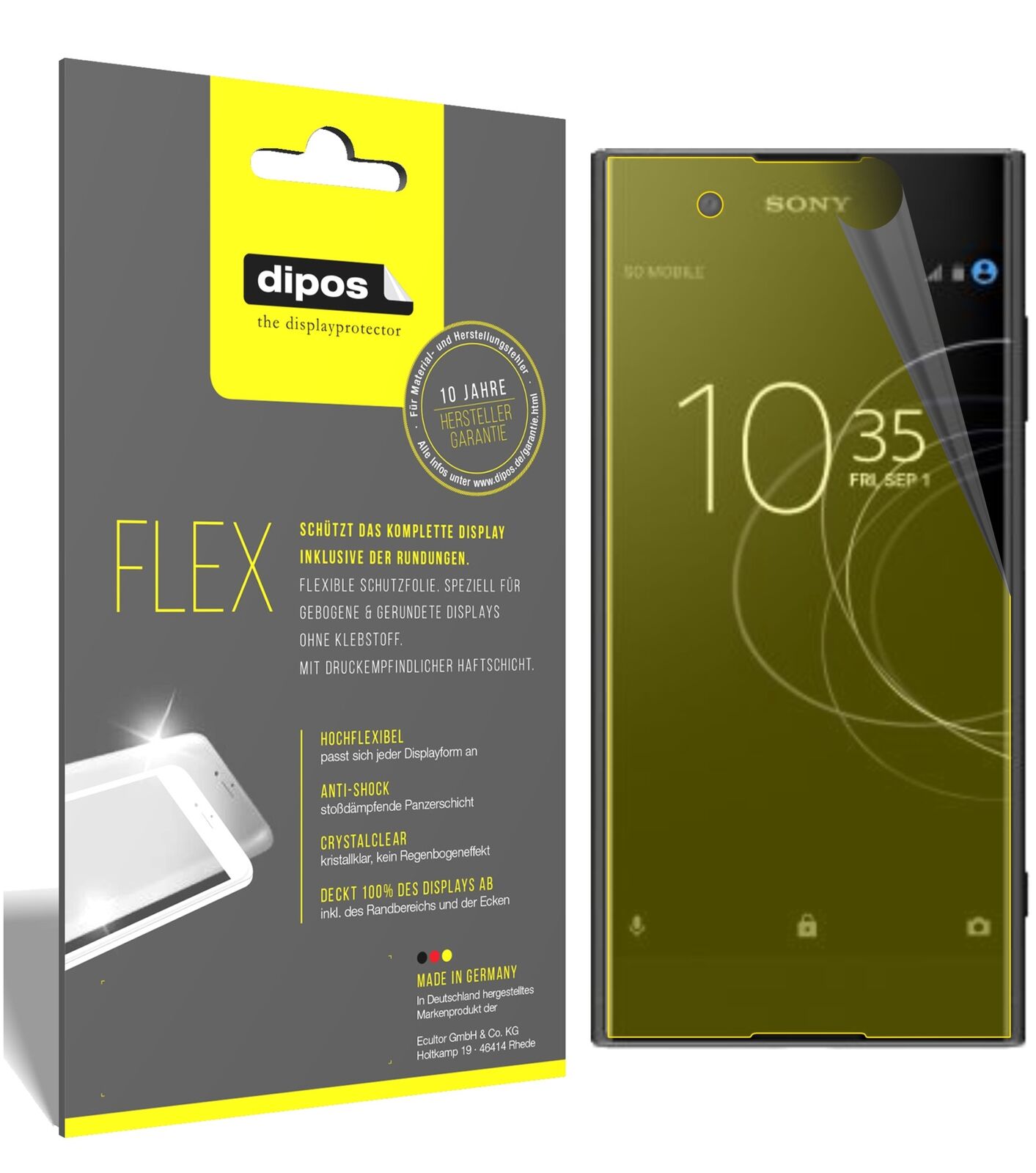 SonyXperia XA1 Plus mit aufgebrachter dipos Displayschutzfolie, glasklare Darstellung ohne Einschränkungen
