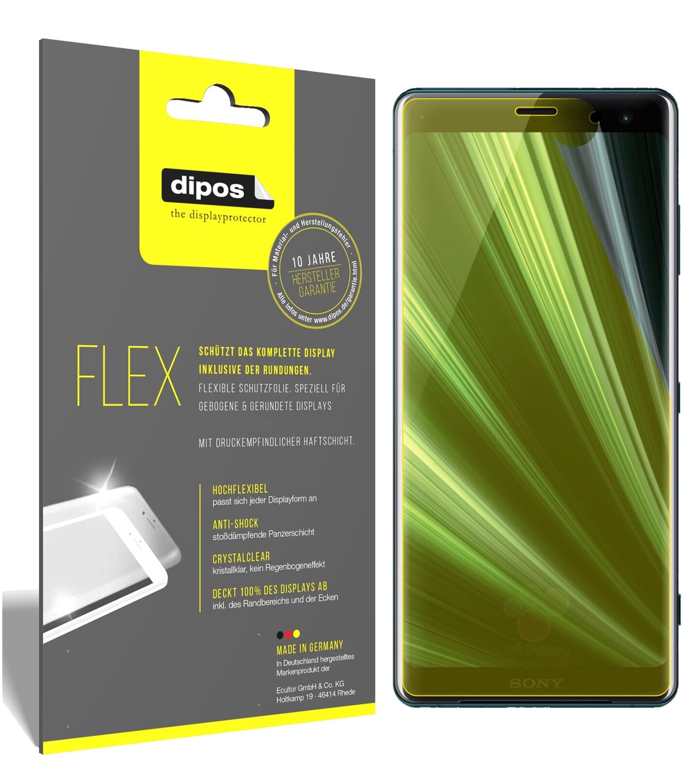 SonyXperia XZ3 mit aufgebrachter dipos Displayschutzfolie, glasklare Darstellung ohne Einschränkungen