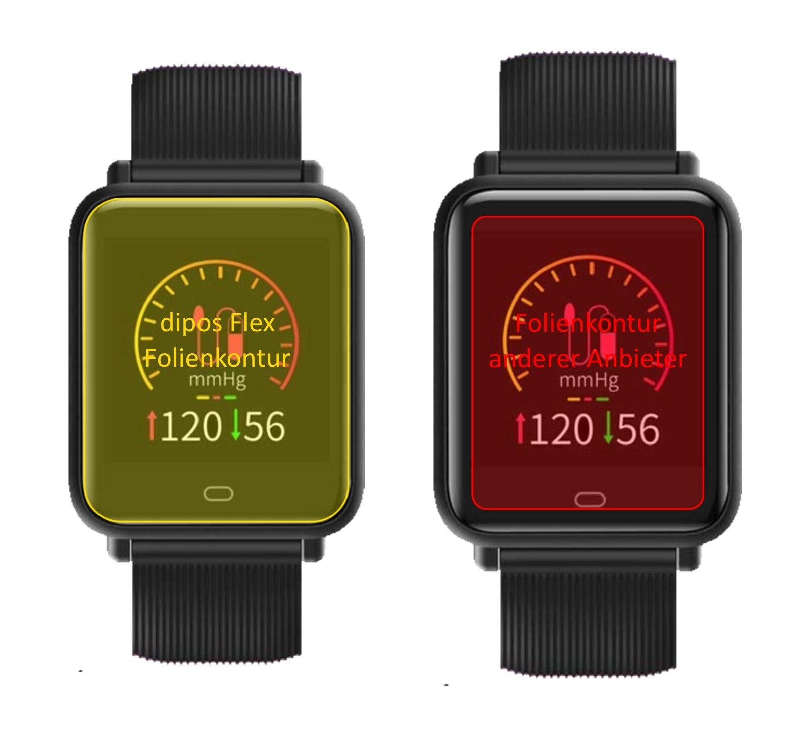 TagoBeeTB08 Smartwatch mit aufgebrachter dipos Displayschutzfolie, glasklare Darstellung ohne Einschränkungen