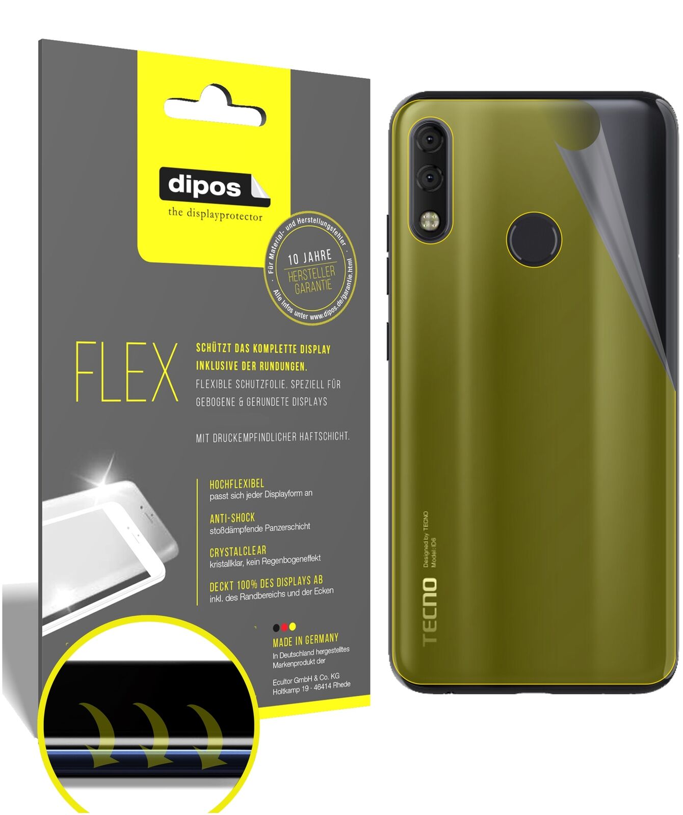 TecnoCamon 11 Pro Rückseite mit aufgebrachter dipos Displayschutzfolie, glasklare Darstellung ohne Einschränkungen