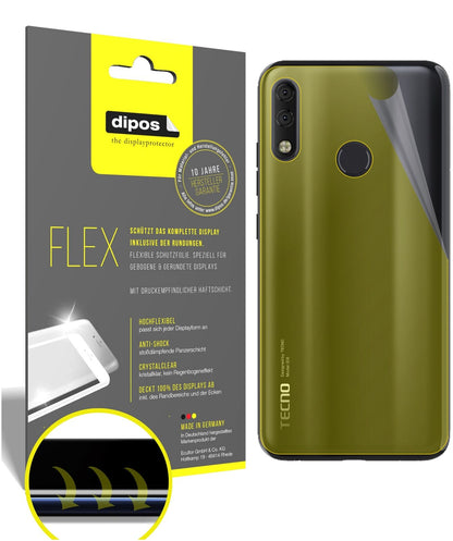 TecnoCamon 11 Pro Rückseite mit aufgebrachter dipos Displayschutzfolie, glasklare Darstellung ohne Einschränkungen