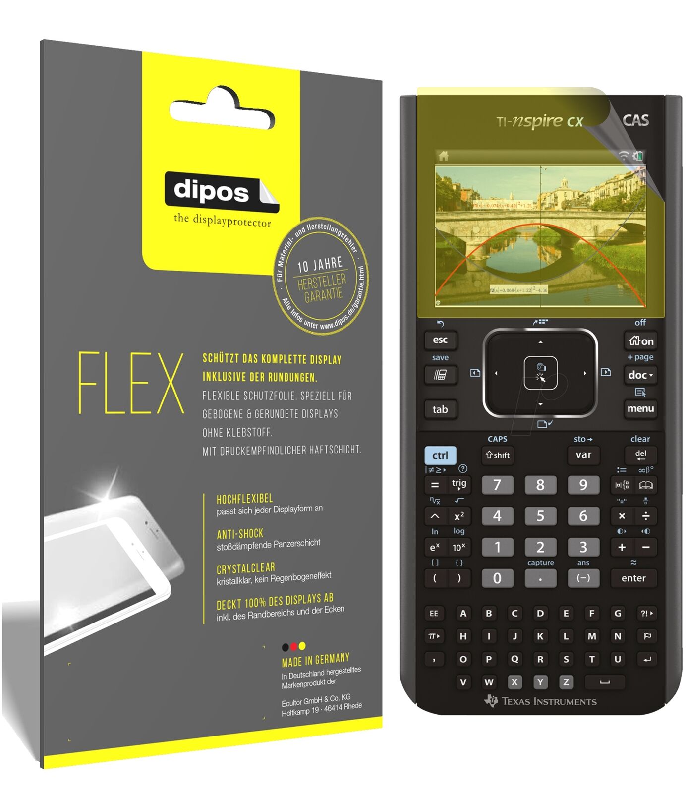 TexasInstruments TI Nspire CX Taschenrechner mit aufgebrachter dipos Displayschutzfolie, glasklare Darstellung ohne Einschränkungen