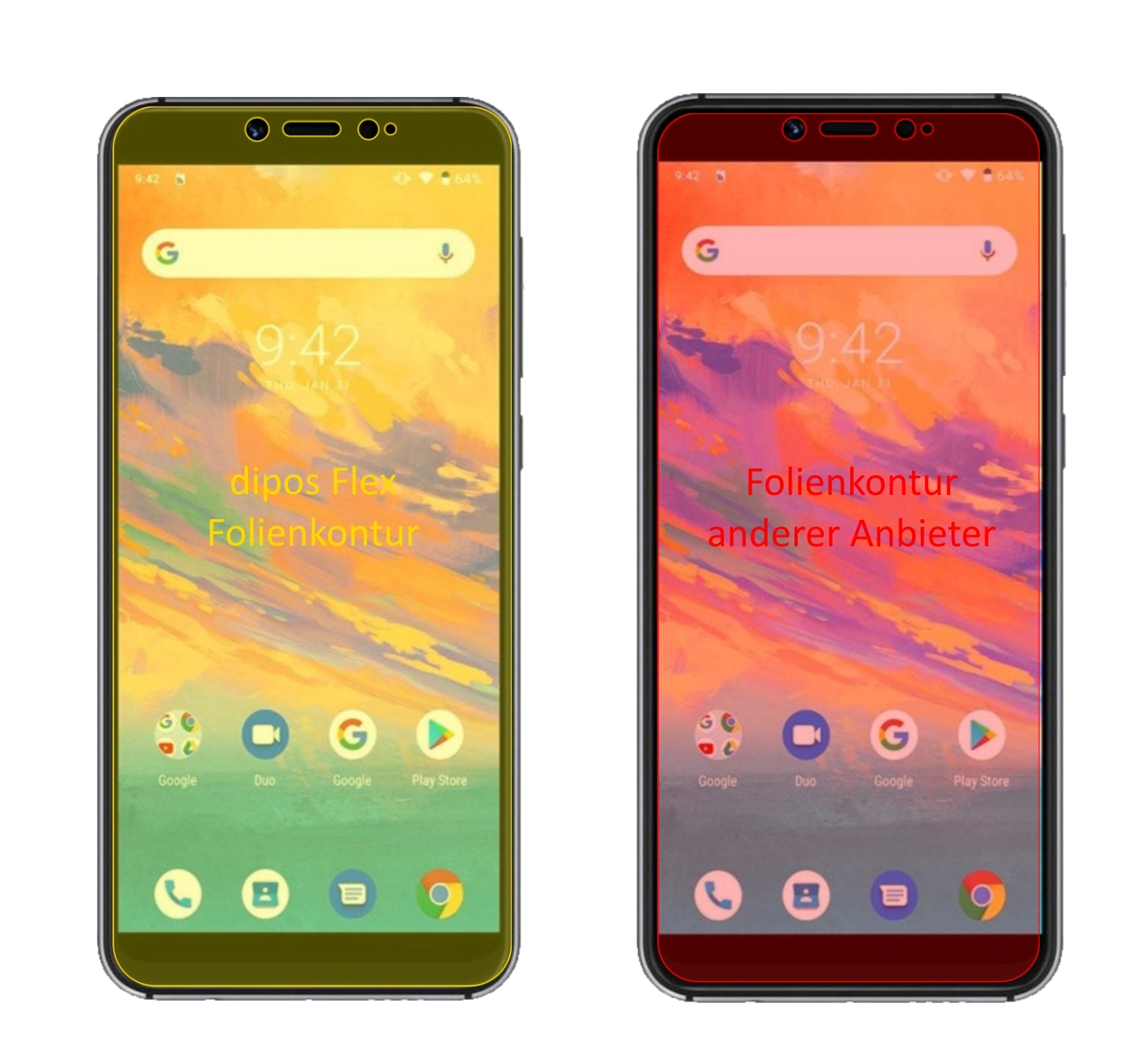 UmidigiA3S mit aufgebrachter dipos Displayschutzfolie, glasklare Darstellung ohne Einschränkungen