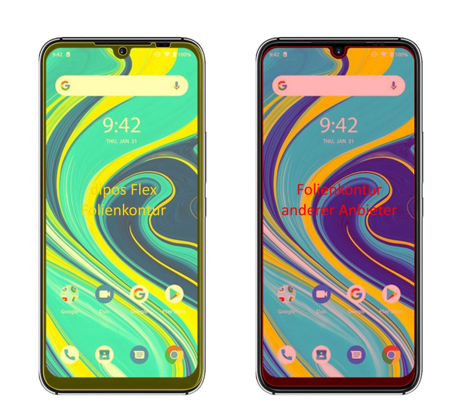 UmidigiA7 Pro mit aufgebrachter dipos Displayschutzfolie, glasklare Darstellung ohne Einschränkungen