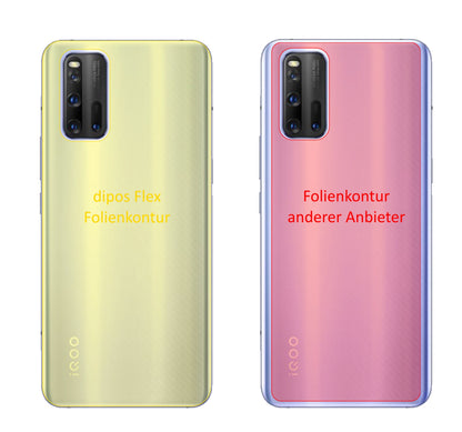 VivoiQOO 3 5G Rückseite mit aufgebrachter dipos Displayschutzfolie, glasklare Darstellung ohne Einschränkungen