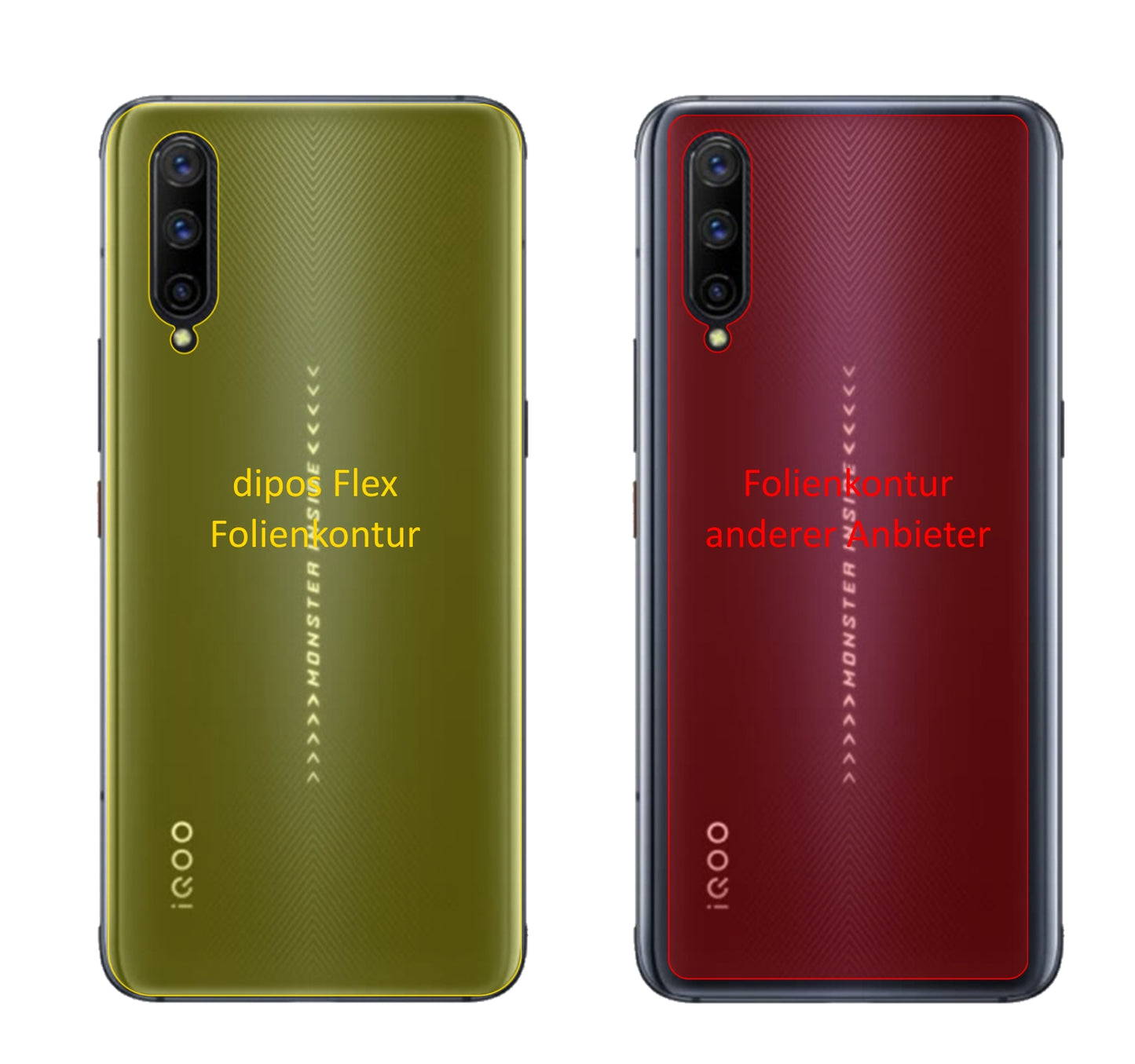 VivoIQOO Pro 5G Rückseite mit aufgebrachter dipos Displayschutzfolie, glasklare Darstellung ohne Einschränkungen