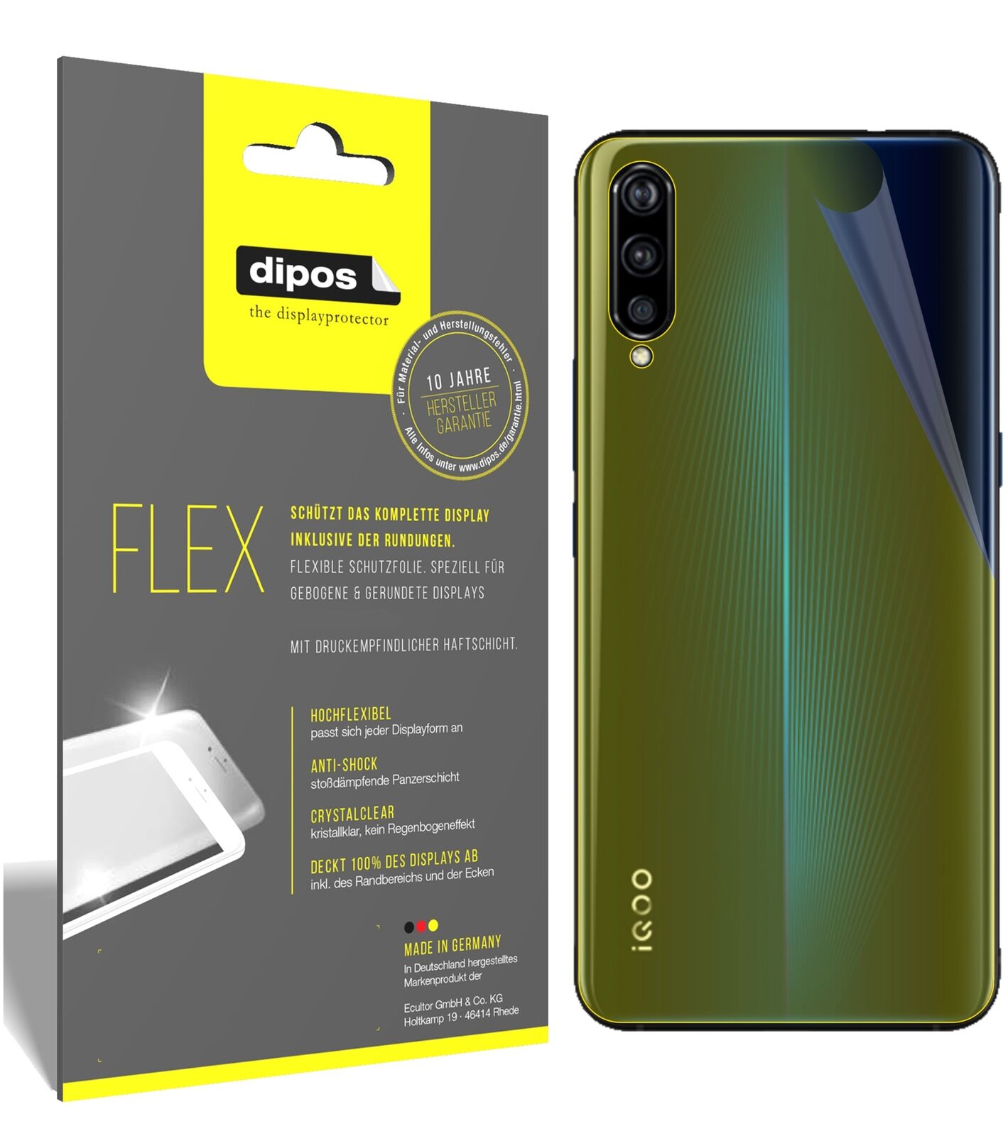 VivoIQOO Rückseite mit aufgebrachter dipos Displayschutzfolie, glasklare Darstellung ohne Einschränkungen