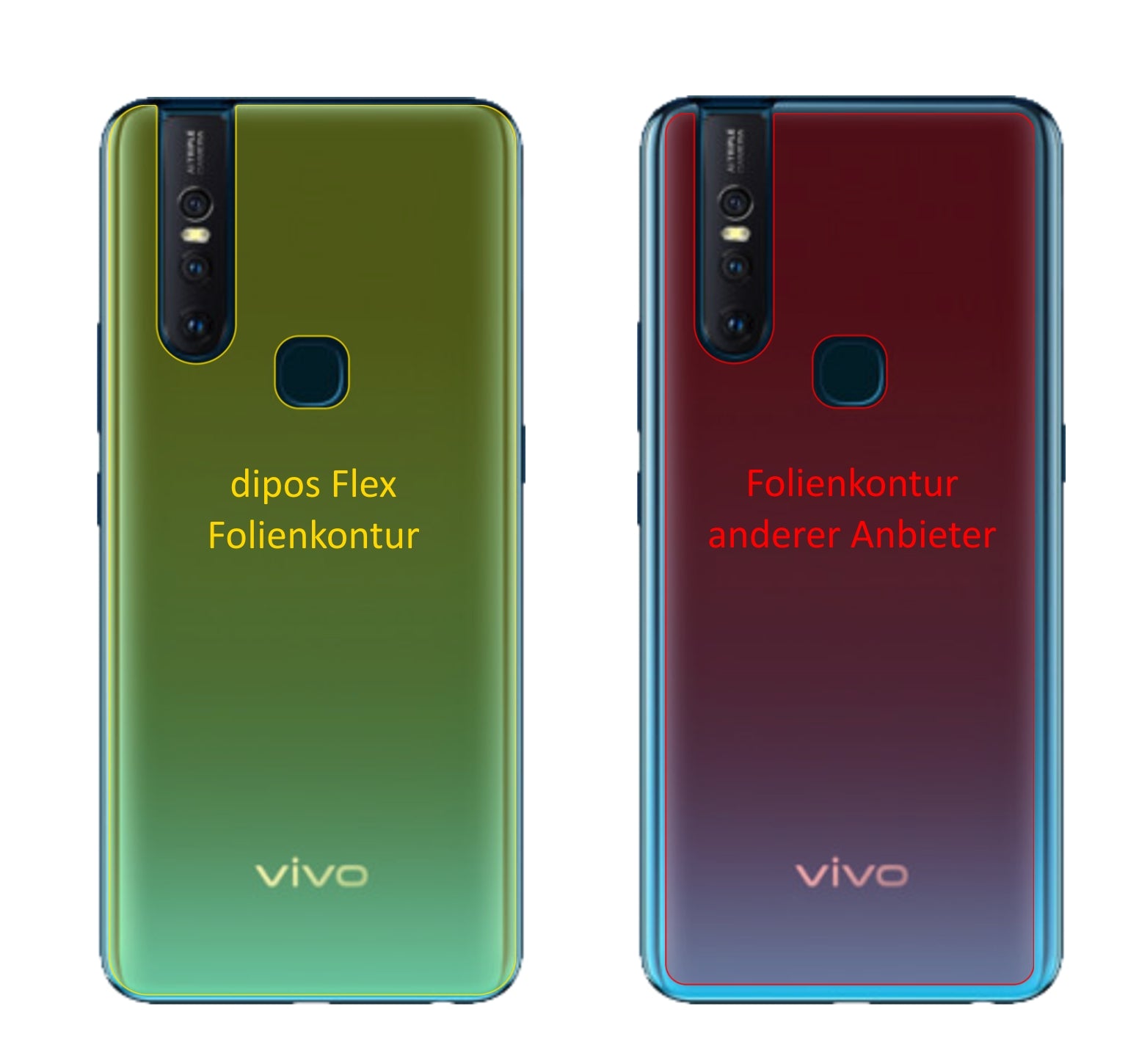 VivoV15 Pro Rückseite mit aufgebrachter dipos Displayschutzfolie, glasklare Darstellung ohne Einschränkungen