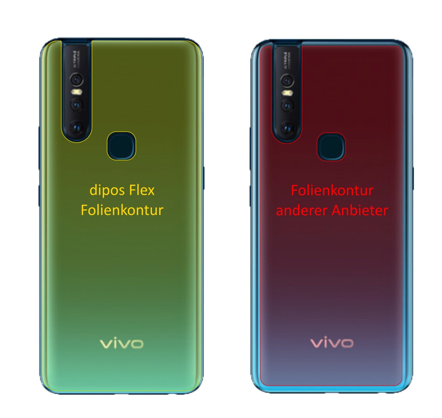 VivoV15 Rückseite mit aufgebrachter dipos Displayschutzfolie, glasklare Darstellung ohne Einschränkungen