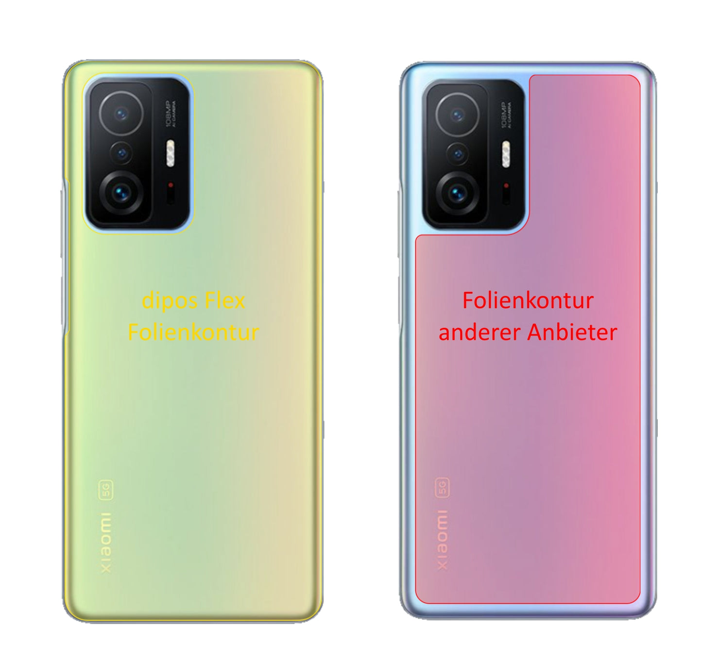 Xiaomi11T Pro Rückseite mit aufgebrachter dipos Displayschutzfolie, glasklare Darstellung ohne Einschränkungen