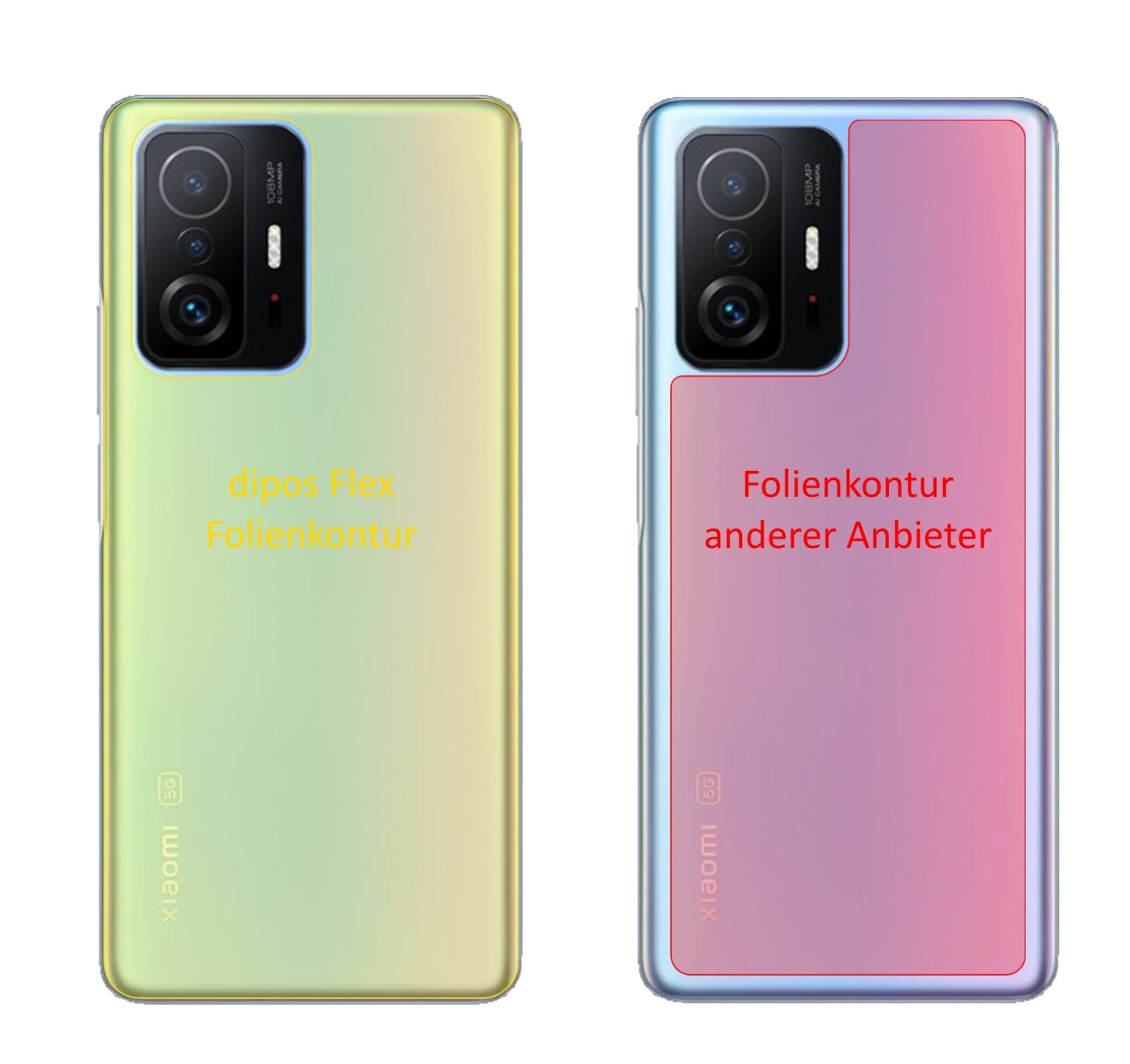XiaomiMi 11T Pro Rückseite mit aufgebrachter dipos Displayschutzfolie, glasklare Darstellung ohne Einschränkungen