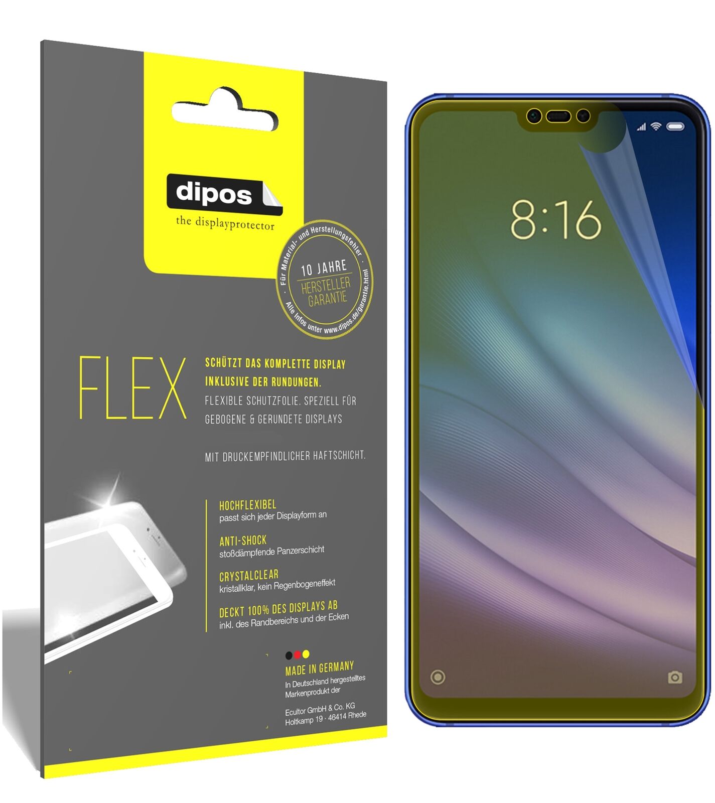 XiaomiMi 8 Lite mit aufgebrachter dipos Displayschutzfolie, glasklare Darstellung ohne Einschränkungen