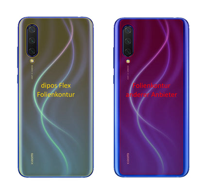 XiaomiMi 9 Lite Rückseite mit aufgebrachter dipos Displayschutzfolie, glasklare Darstellung ohne Einschränkungen