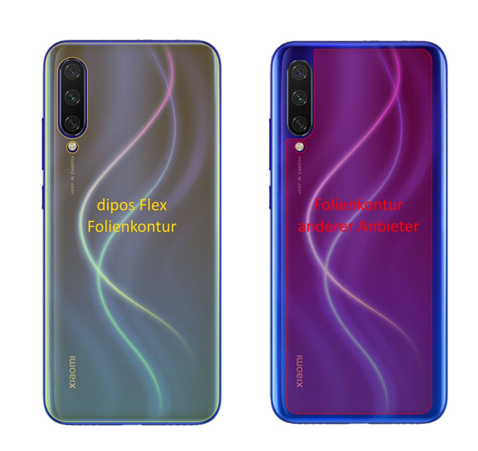 XiaomiMi A3 Rückseite mit aufgebrachter dipos Displayschutzfolie, glasklare Darstellung ohne Einschränkungen