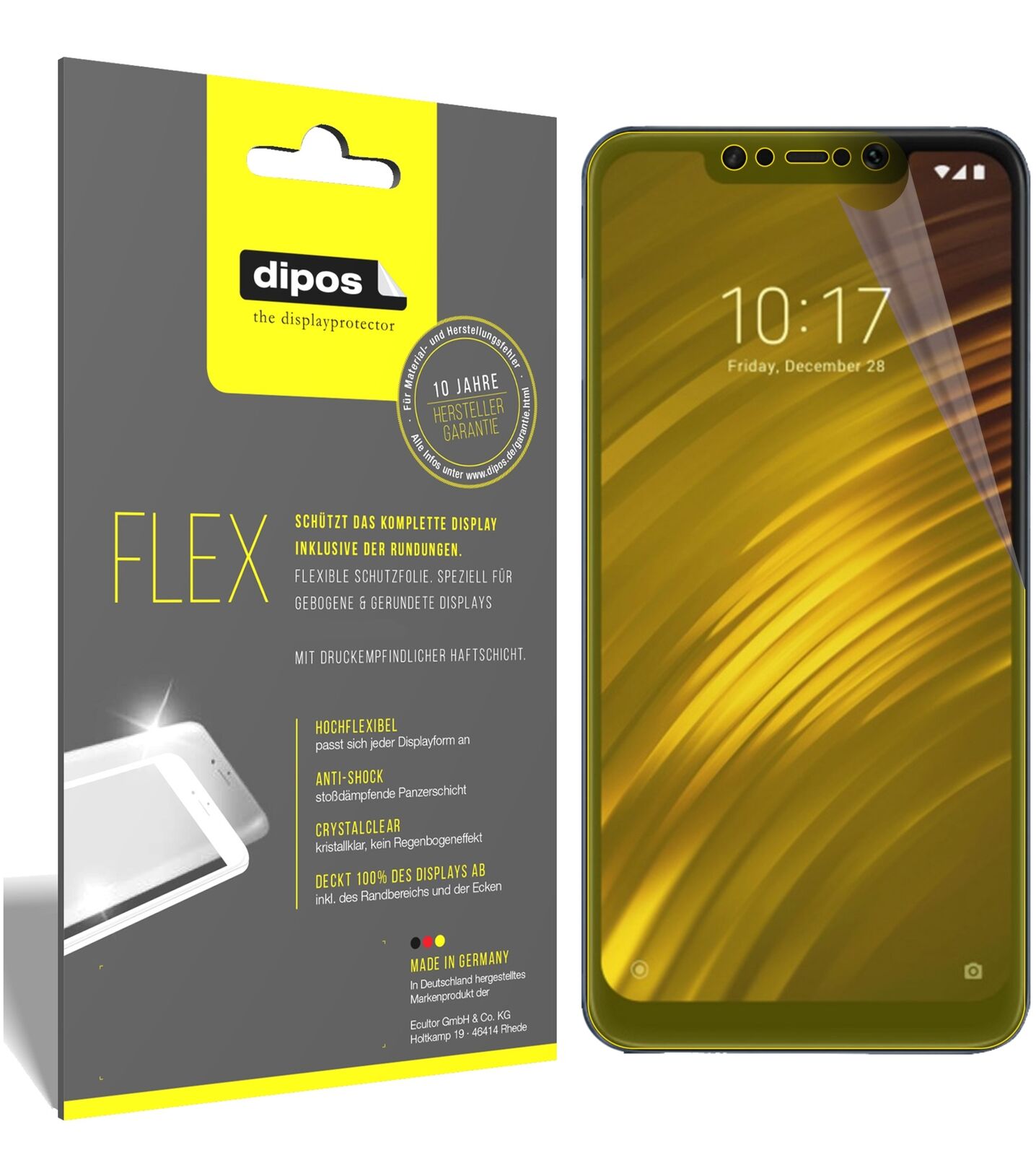 XiaomiPocophone F1 mit aufgebrachter dipos Displayschutzfolie, glasklare Darstellung ohne Einschränkungen