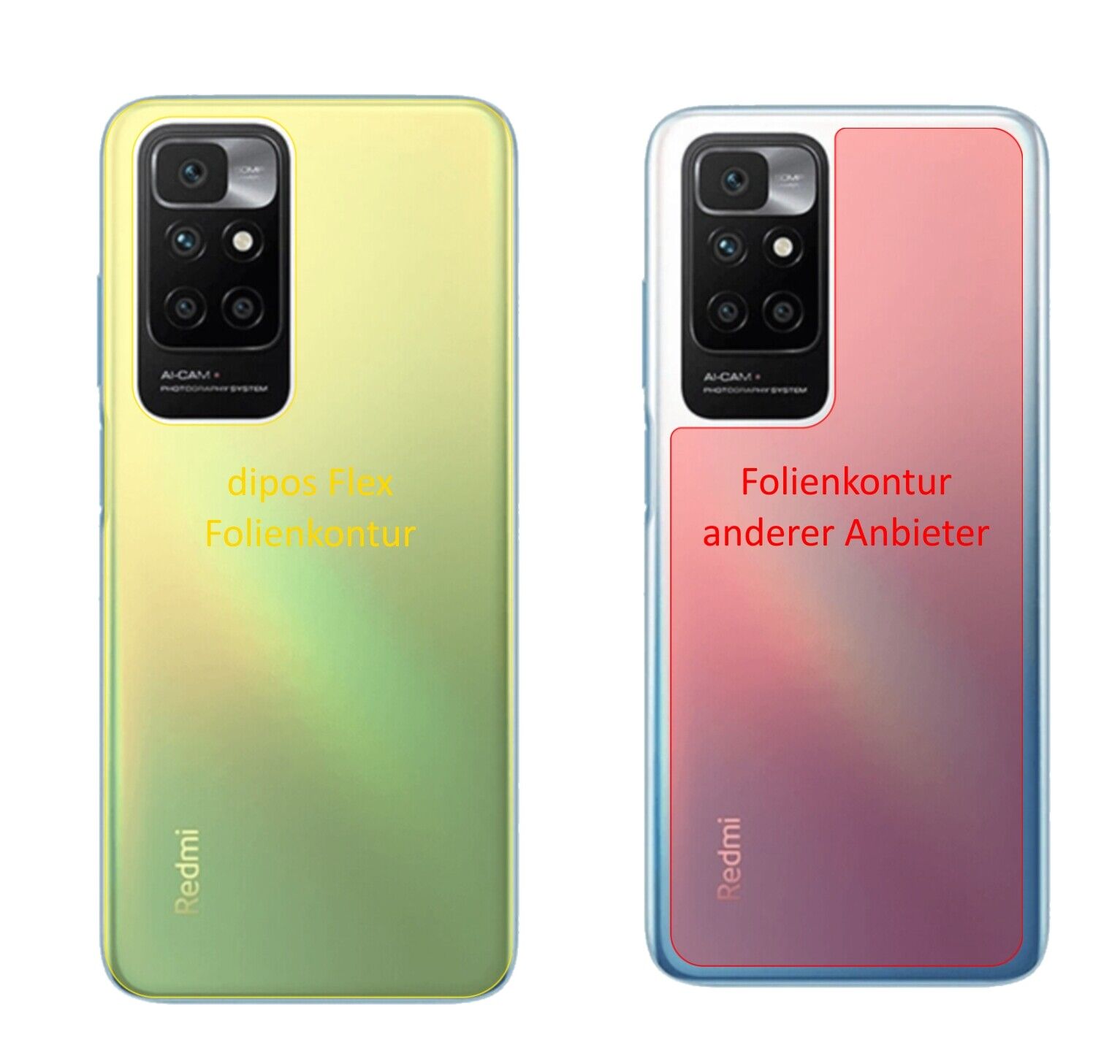 XiaomiRedmi 10 Rückseite mit aufgebrachter dipos Displayschutzfolie, glasklare Darstellung ohne Einschränkungen