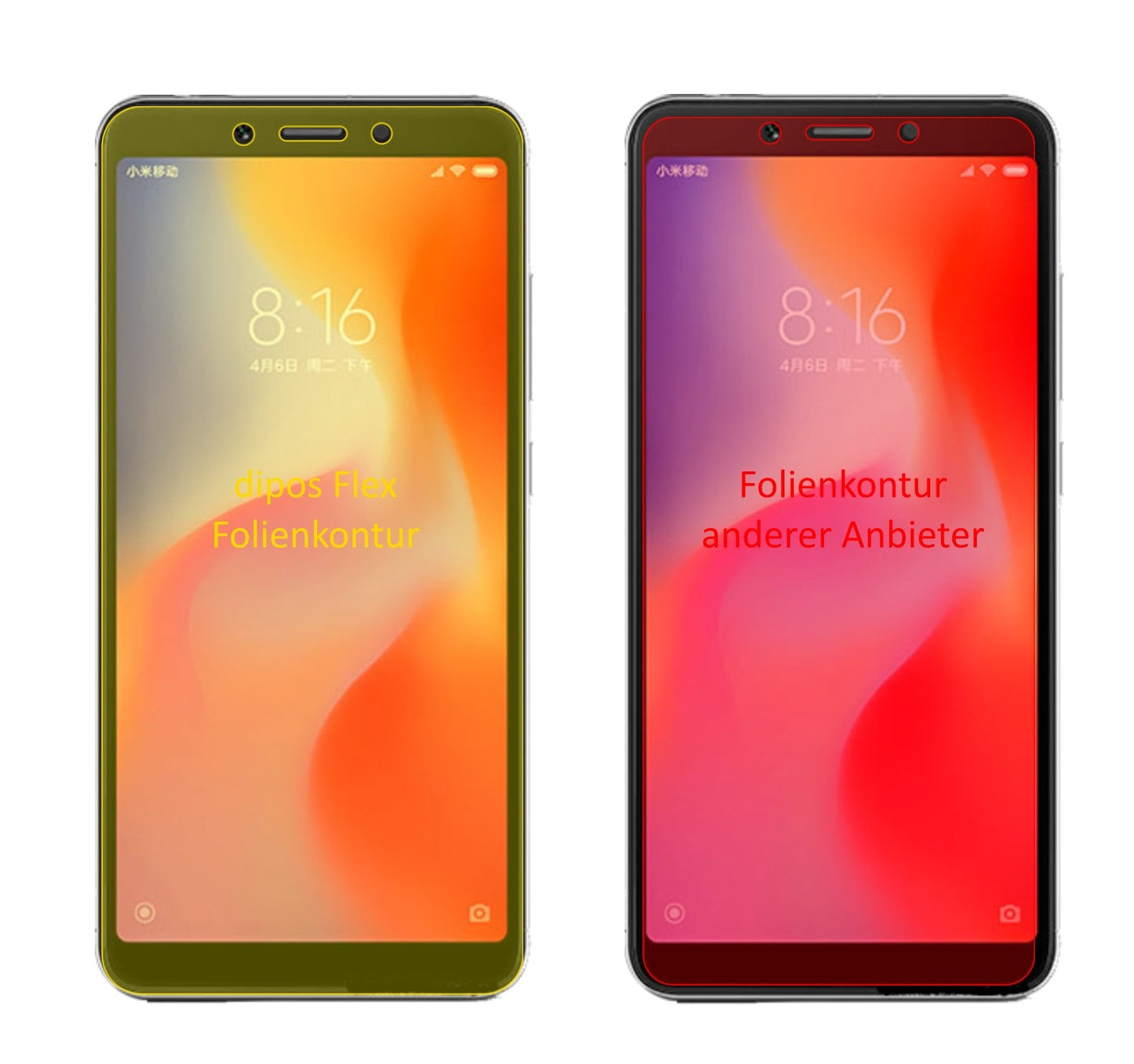 XiaomiRedmi 6 mit aufgebrachter dipos Displayschutzfolie, glasklare Darstellung ohne Einschränkungen