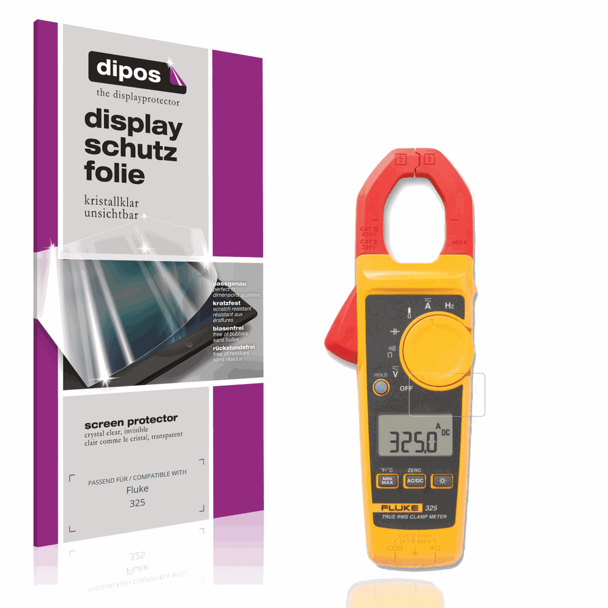 Klare Displayschutzfolie von dipos passend für Fluke 325, präziser Zuschnitt und blasenfrei montiert