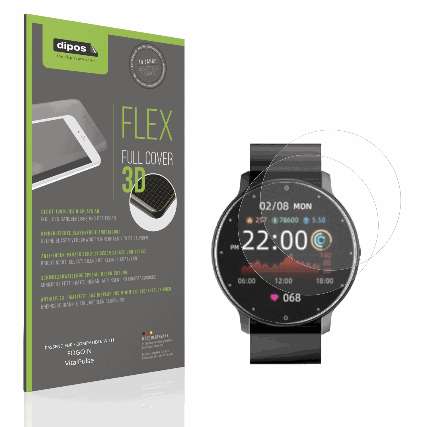 Matte Displayschutzfolie von dipos passend für FOGOIN VitalPulse, 100% Displayabdeckung und blasenfreie Montage
